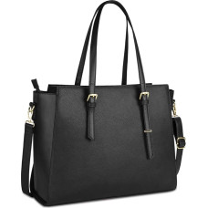 NEWHEY Handbag Ladies Large Black Laptop Bag 15.6 Inch Elegant Leather Shoulder Bag for Office Work School