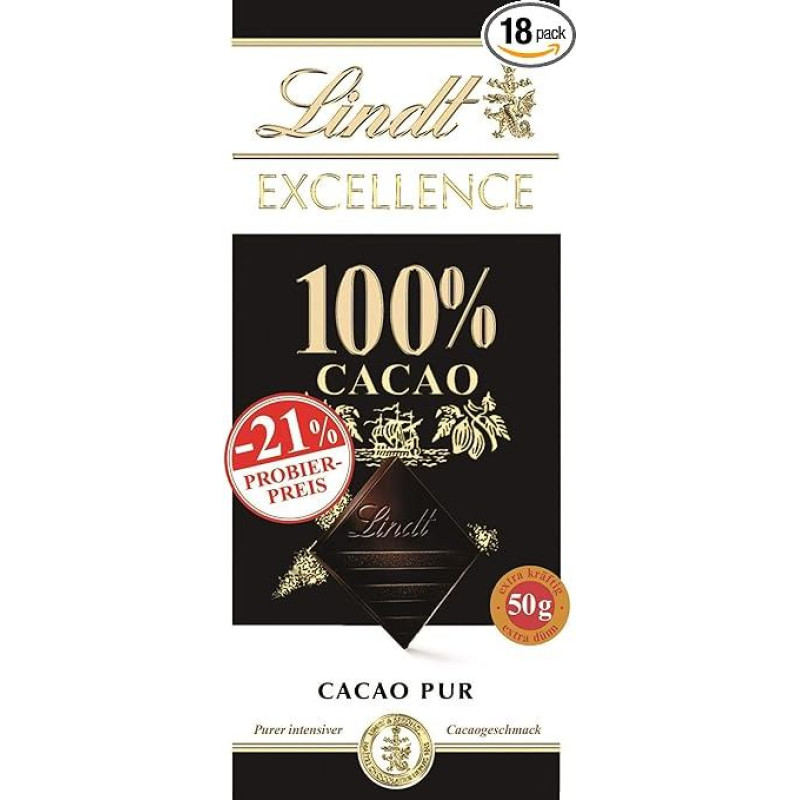 Lindt Chocolate Excellence 100% Cocoa, Promotion, 18 x 50 g Bar, Pure Intense Cocoa Flavour, Chocolate Bar, Chocolate Gift
