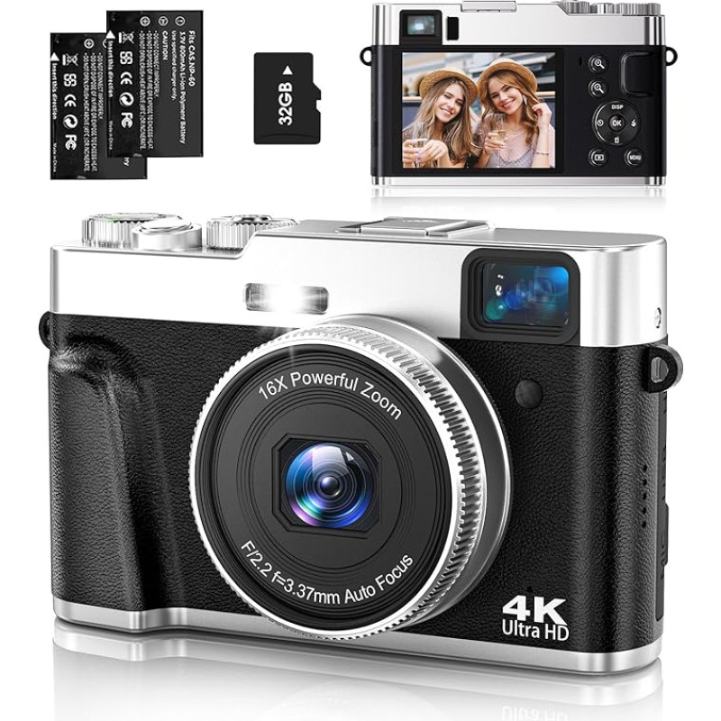 NEZINI skaitmeninis fotoaparatas, 4K 48MP UHD automatinio fokusavimo fotokamera su 32GB kortele, 16x priartinimo fotoaparatas su pasukamu prietaisų skydeliu ir vaizdo ieškikliu, kompaktiškas fotoaparatas paaugliams, pradedantiesiems, suaugusiesiems