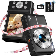 Skaitmeninis fotoaparatas 1080P fotoaparatas 44MP fotoaparatas 16X skaitmeninis priartinimas Kompaktiškas fotoaparatas su 2,4 colių LCD ekranu, 32G Micro SD kortele ir 1 baterija vaikams, studentams, pradedantiesiems, juodas