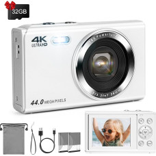 LAMA skaitmeninis fotoaparatas, mini skaitmeniniai fotoaparatai, 4K 44MP fotokamera, automatinio fokusavimo kompaktiškas fotoaparatas, 2,4 colių LCD ekranas, 16 kartų priartinanti blykstė, skaitmeninis fotoaparatas su 32G kortele, 2 baterijos, fotokamera 