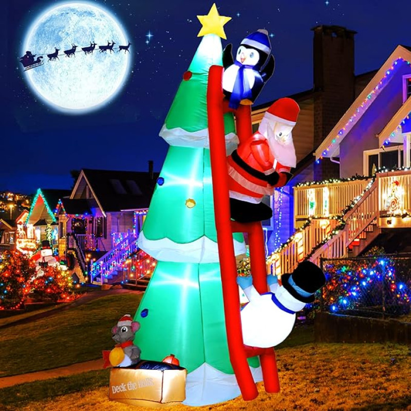 XXL Inflatable Christmas Tree with Cute Penguin, Santa, Snowman and Small Mouse, Inflatable Christmas Decoration for Outdoor Use with LED Lighting 210 cm