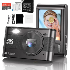 Skaitmeninis fotoaparatas, 4K HD kompaktiškas fotoaparatas 1080P fotokamera 48MP fotoaparatas 18 kartų priartinantis mažas fotoaparatas su LCD ekranu, nemokama 32 GB SD kortele ir baterija vaikams, paaugliams ir vyresnio amžiaus žmonėms (juodas)