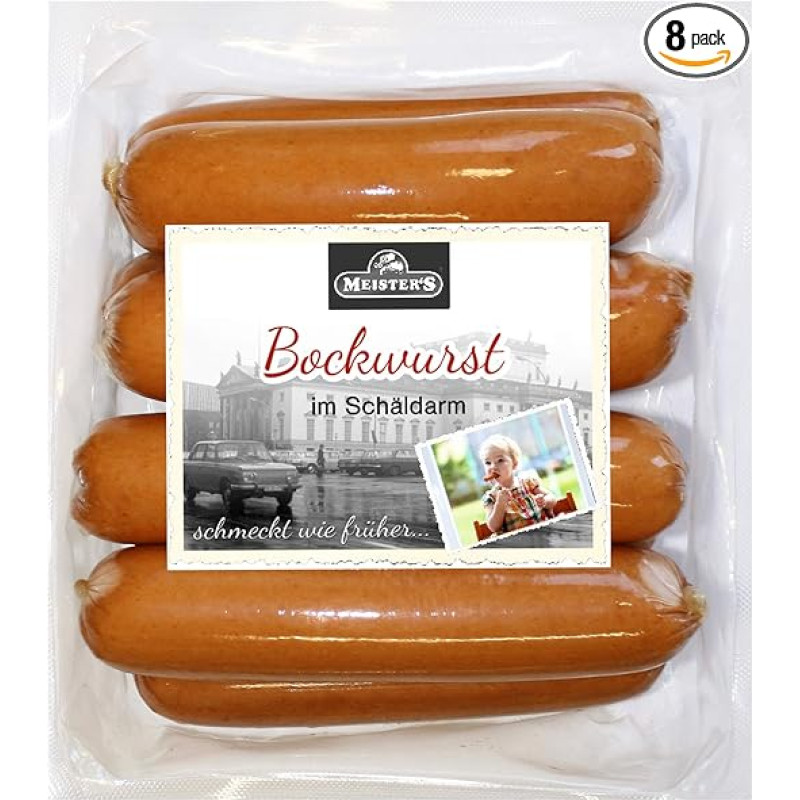 Delikatess Bockwurst Bockwurst Šviežios, švelnios ir traškios | Rūkytos dešrelės | Idealiai tinka kario dešrelėms Premium Quality 8 x 100 g