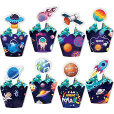 Kosmoso Cupcake Toppers ir Wrapper vaikams Kūdikių berniukų mergaičių 48 vienetų Astronautas raketų UFO planetos modelis Cupcake dekoracijos gimtadienio kūdikių dušas šalis reikmenys