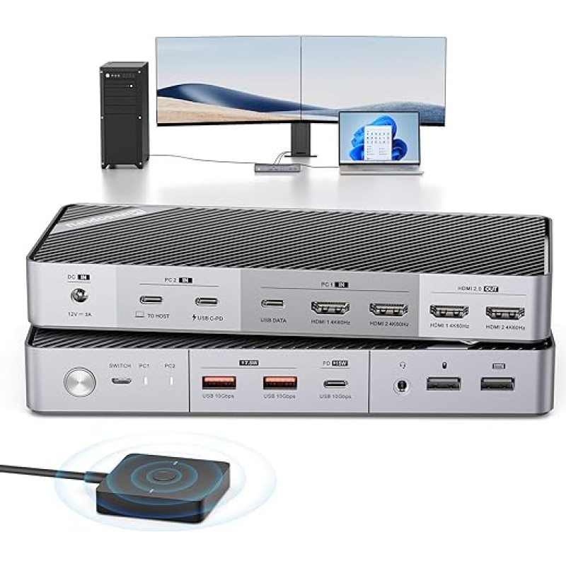 Minisopuru KVM Switch for Laptop and Desktop - 4K@60Hz KVM Switch Dual Monitor with 2 HDMI, 15W Charge, USB-C KVM Docking Station for Thunderbolt 5/4/3, USB-C Windows Laptops (2 HDMI, 5 USB, Audio)