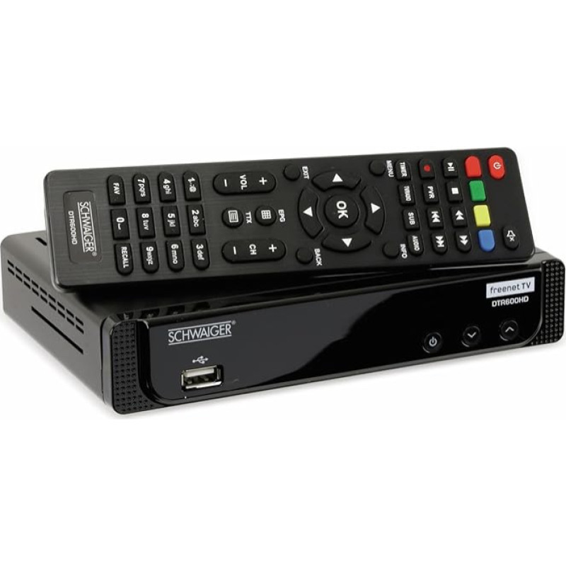 Schwaiger DTR600HD Antžeminis Full HD juodas TV priedėlis DTR600HD, antžeminis, DVB-T2, 576i,576p,720p,1080i,1080p, AVC,H.264,H.265,MPEG2,MPEG4, H.265, AAC,AAC HE,AC3,MP3,PCM