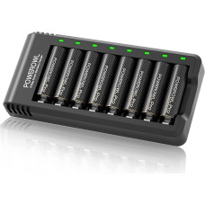 POWEROWL AA baterijos PRO su 8 skyrių įkrovikliu, aukso spalvos didelės talpos 2800 mAh įkraunamos AA baterijos - 8 vnt.