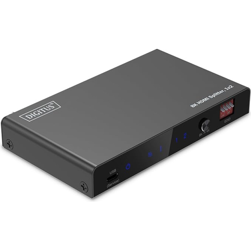 DIGITUS DS-55339 HDMI Splitter 1x2 - Input: 1 Port/Output: 2-Port - UHD 8K/60Hz HDTV: 7680 × 4320p - HDCP 2.3 & HDMI 2.1 - HDR, Deep Color, EDID Switch - Toslink, Stereo (3.5mm)
