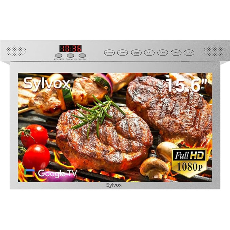 SYLVOX Fernseher für Küche, 15,6 Zoll Faltbarer Küchenfernseher mit Drehung, Google TV Unterstützung WiFi Bluetooth, 1080P Smart TV für Küche, Schlafzimmer, Wohnmobil，RV Yacht (Silber)