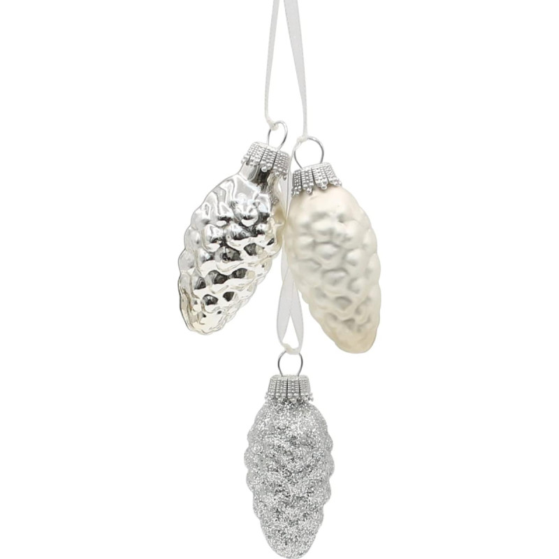 Dekohelden24 Lauschaer Christmas Tree Decorations Set of 2 with 3 Mini Pine Cones Textile Ribbon, Shine, Matt, Glitter, 3 Silver, 6 cm