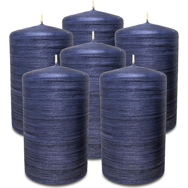 Hyoola Brushed Metallic Pillar Candles - Žvakės Mėlyna Pakuotė 6 vnt. - Pillar Candles Midnight Blue - Dekoratyvinės žvakės Pillar Candles Large Made in EU - Žvakės ilgai dega - 6 cm x 10 cm