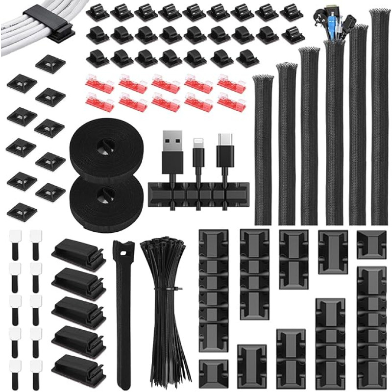 Zaxiva 188 Stück Kabelmanagement Kits, 6 Kabelschläuche, 10 Silikon Kabelhalter, 20+2 Kabelbinder Selbstklebend, 40 Kabelklemmen Groß, 100 Kabelbinder, 10 Klebesockel für TV PC