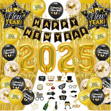 Silvester Deko 2025 Neujahr Deko,Folienballon Schwarz und Gold Luftballons Party Silvester Dekoration 2025 Ballons, Happy New Year Girlande Banner Silvesterparty Neujahr Supplies