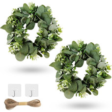 WATUNID Dirbtinis eukalipto vainikas priekinėms durims 14 colių žalių lapų vainikai su 1 virve ir 2 kabliukais, pavasario vasaros durų vainikas židiniui, sienai, langui, ūkiui, festivaliui, sodo dekorui, 2 pakuotės