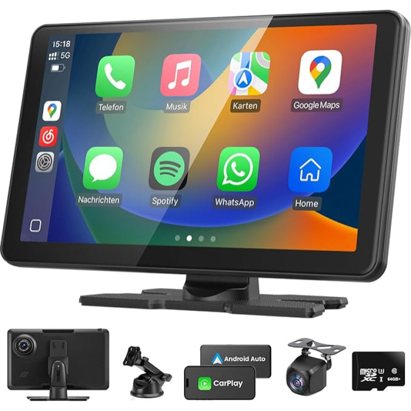 TOUTBIEN CarPlay & Android Car Display, 9 Inch Portable Car Radio with 4K Dashcam Loop Recording 1080P Reversing Camera, MirrorLink, GPS Navigation, Voice Assistant, Hands-Free Kit, 64GB Map