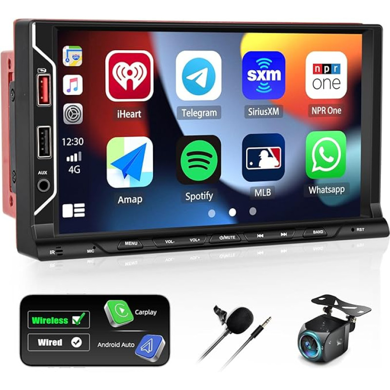 CAMECHO Double DIN Carplay Car Radio with Wireless Android Car, Car Radio with Sat Nav, 7 Inch Screen, Car Radio Touch Display with Bluetooth, FM Radio, EQ, USB, SWC + Reversing Camera + Microphone