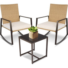 YIYAN 3 Piece Swing Bistro Set, Rattan Garden Furniture Set with 2 Rocking Chairs and Coffee Table for Balcony, Porch and Garden (Light Beige)