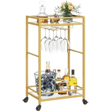 Lifewit Serving Trolley, Bar Trolley on Lockable Wheels, Rolling Kitchen Trolley with 2 Mirrored Levels, Wine Spirits Trolley with Glass Holder, Cocktail Bar Trolley for Kitchen & Living Room, Gold