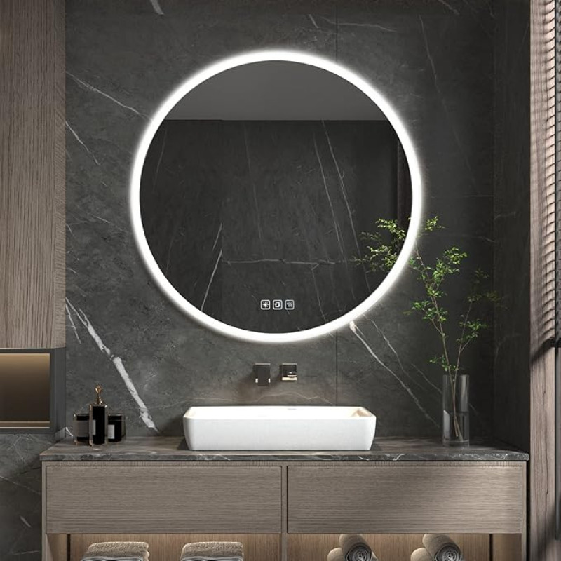 furduzz Dimmable Round LED Bathroom Mirror with Lighting, Wall Mounted Bathroom Mirror with Sensor Touch Switch, 3 Light Colours, Anti-Fog and Smart Memory Function, 600 mm Diameter