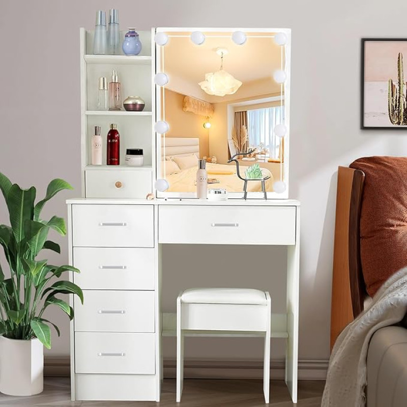 Koestem Schminktisch-Set mit LED-Lichtspiegel, niedlicher kleiner Schminktisch mit 5 Schubladen, 80 cm B kleines Schminktisch-Set für Schlafzimmer, Ankleidezimmer, Weiß