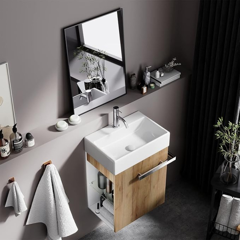 BRIDGE BENO 50 cm Wall Cabinet with Ceramic Sink for Small Spaces with Soft-Close Drawer and Stainless Steel Towel Handle (European Oak)