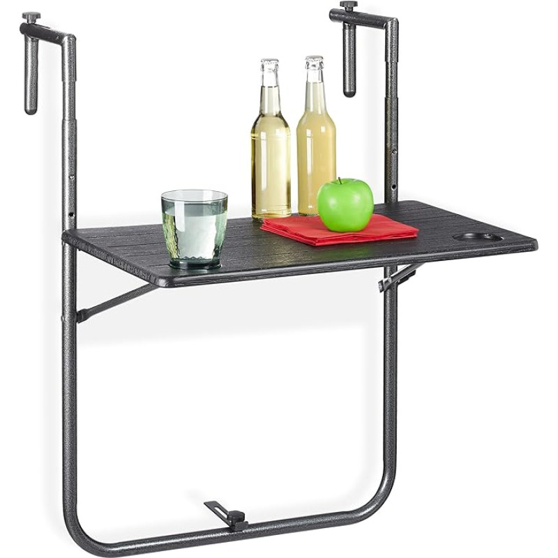 Relaxdays Balcony Hanging Table Foldable 3-Way Height Adjustable Table Top in Wood Effect W x D 59.5 x 36 cm Black
