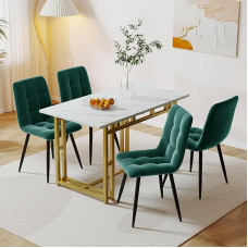 Moimhear 120x70cm White Dining Table with 4 Chairs, Modern Kitchen Dining Table Set, Velvet Dining Chairs, Table with Golden Iron Legs (Dark Green)