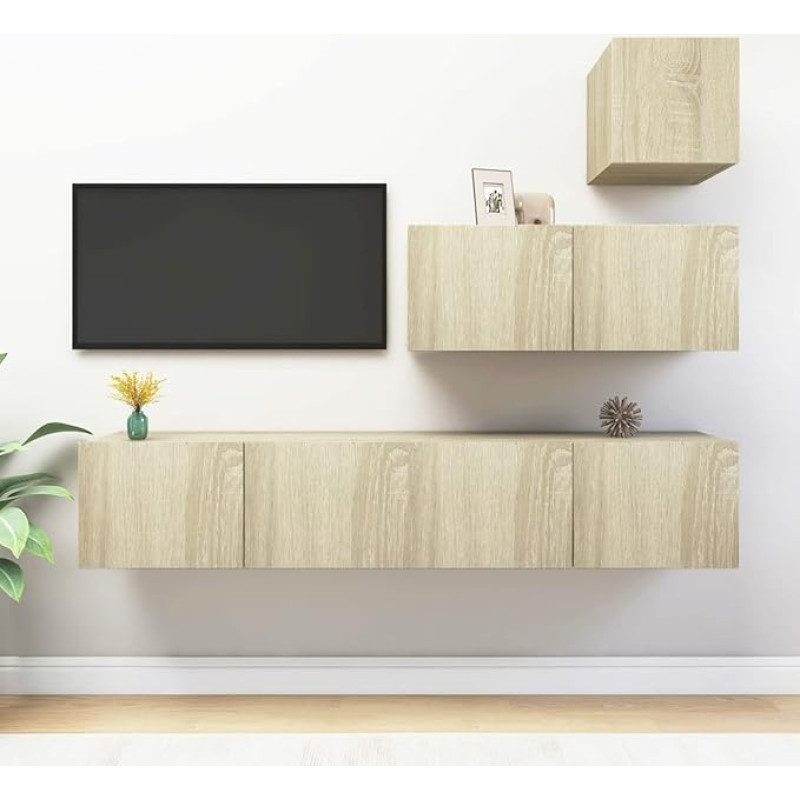Homgoday TV-Set 4 Stück Sonoma-Eiche aus Spanplatte, TV-Schrank, TV-Schrank, Couchtisch, Wohnzimmertisch, TV-Halterung für industrielle Wohnzimmer