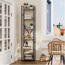 YITAHOME 6 pakopų knygų spinta, medinė lentyna su 4 kabliukais, medinė lentyna ir metalinis rėmas, knygų lentynos, pramoninė aukšta lentyna, skirta saugoti gyvenamajame kambaryje, namų biure, pilka