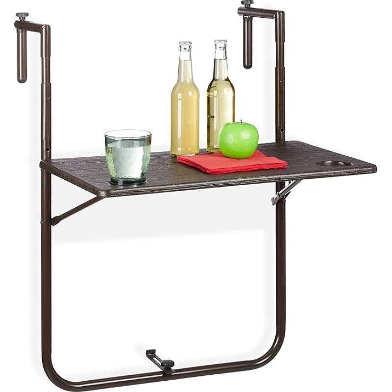 Relaxdays Balcony Hanging Table Foldable 3-Way Height Adjustable Table Top in Wood Effect W x D 59.5 x 36 cm Brown