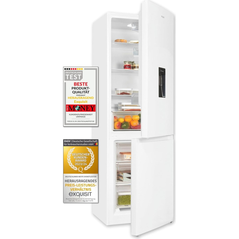 Exquisit KGC320-95-E-WS-040C Fridge-Freezer Combination, White, 313 L Net Capacity, Freestanding Fridge Freezer Combination with Water Dispenser, Alarm, Freeze 4 Stars
