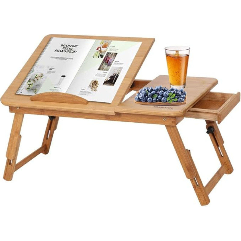 Bamboo Laptop Table, Height-Adjustable Bed Table, Notebook Table for Reading or Breakfast, Drawing Table and Dining Table for Bed, 30 x 50 x 20 cm, Style 1