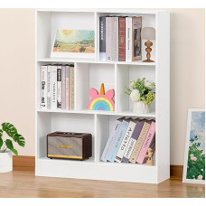 YAHARBO Balta knygų spinta su 7 kubeliais 3 pakopų modernia horizontalia knygų spinta Medinė žema knygų spinta Vitrina su pagrindu Grindų stovėjimo trumpos knygų lentynos Atviras organizatorius