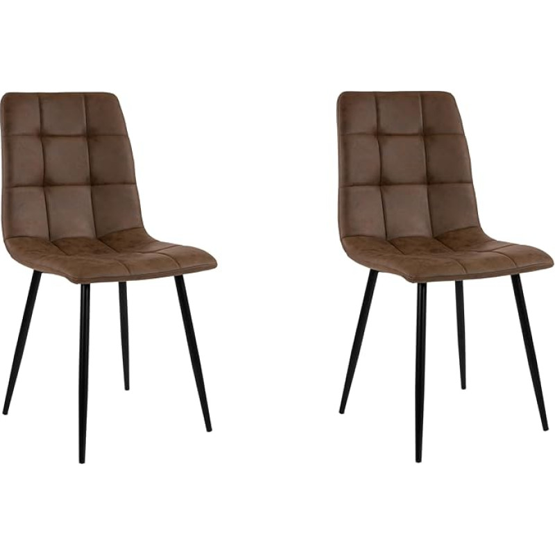 SAM 2 ULF valgomojo kėdžių komplektas, rudas audinys, juodos metalinės kojelės, skandinaviško stiliaus kriauklė, kvadratinis dygsniavimas, lengvai prižiūrimos kėdės