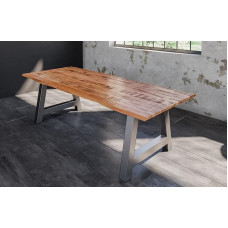 SAM Dora valgomojo stalas 180 x 90 cm, lakuotas natūralios spalvos mangmedžio masyvo stalas su sidabro spalvos metaliniu rėmu, 26 mm storio natūralios medienos lazdele