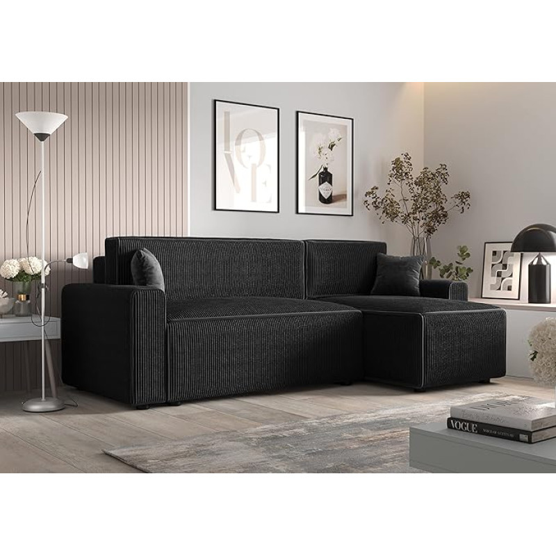 3E 3xE living.com Alvito BIS, kampinė sofa, juoda spalva. Medžiaga: velvetas. A: plotis: 252 cm, aukštis: 85 cm, ilgis: 140 cm, kampinė sofa, sofa-lova, sofa-lova, sofa-lova, sofa-lova, sofa-lova, sofa-lova.