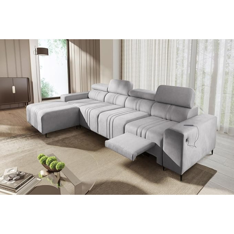 All4All Fabio XII Mix Corner Sofa with Sleep Function, 340 cm x 183 cm, Corner Couch with Bed Box, Living Landscape in L-Shape, Modern, XXL Sofa with Footstool, Side Left, Grey, Easy Clean Fabric 26