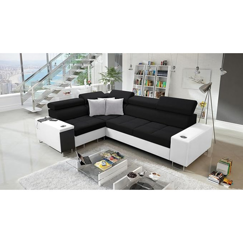 All4All Margo II Corner Sofa with Sleep Function 283 x 207 cm - Sofa Bed with Bed Box - Sofa in L-Shaped - for 4 People - Side Left - Fabric with Faux Leather - Black/White - Modern 26