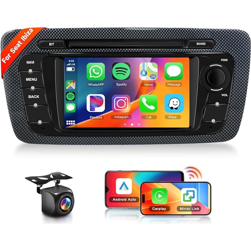 Hodozzy Android Carplay Car Radio for Seat Ibiza 2009-2013, 7 Inch Audi Car Radio Bluetooth with USB/Mirror Link/FM/RDS/SWC/EQ + Reversing Camera