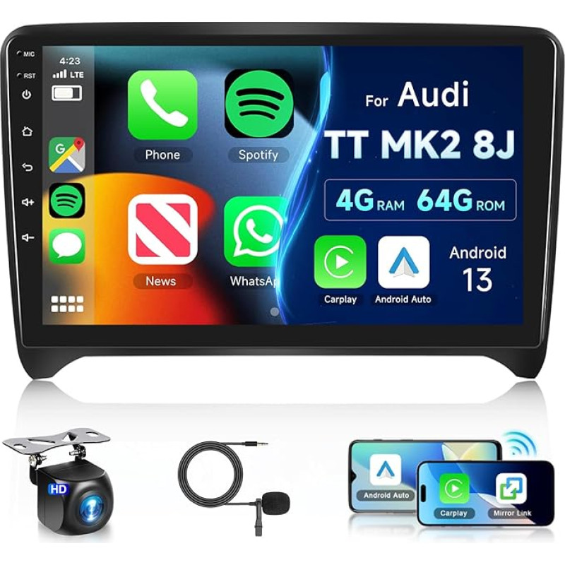 8 Core 4G + 64G Android Car Radio for Audi TT MK2 8J 2008-2014 with Wireless Carplay Android Car, Hodozzy 9 Inch Touchscreen Car Radio with GPS Navigation, Bluetooth DSP, WiFi, FM RDS, Camera