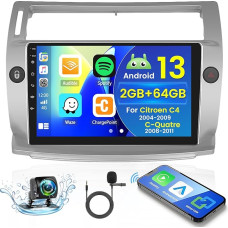 2+64GB Android 13 automobilinis radijas Citroen C4 2004-2009/C-Quatre 2008-2011 Radijas Belaidis Carplay Android automobiliams, 9 colių IPS jutiklinis ekranas su galinio vaizdo kamera, Bluetooth, Navi, WiFi, DSP, EQ, Mirror Link