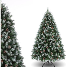 180 cm Pre-Decorated Christmas Tree for Home, Office and Party Decoration, 1,000 PVC Branch Tips, Partially Snow Covered Design, Pine Cones, Metal Hinges and Base Green/White