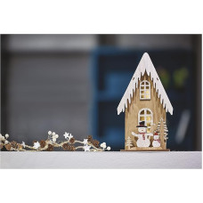 EMOS Luminous Wooden House with Snowmen, 3 LEDs Warm White Light, Christmas Decoration, IP20 Indoor, 10,000 Hour Life, 6/18 Hour Timer, 0.2 Watt, 16 x 11.5 x 28.5 cm