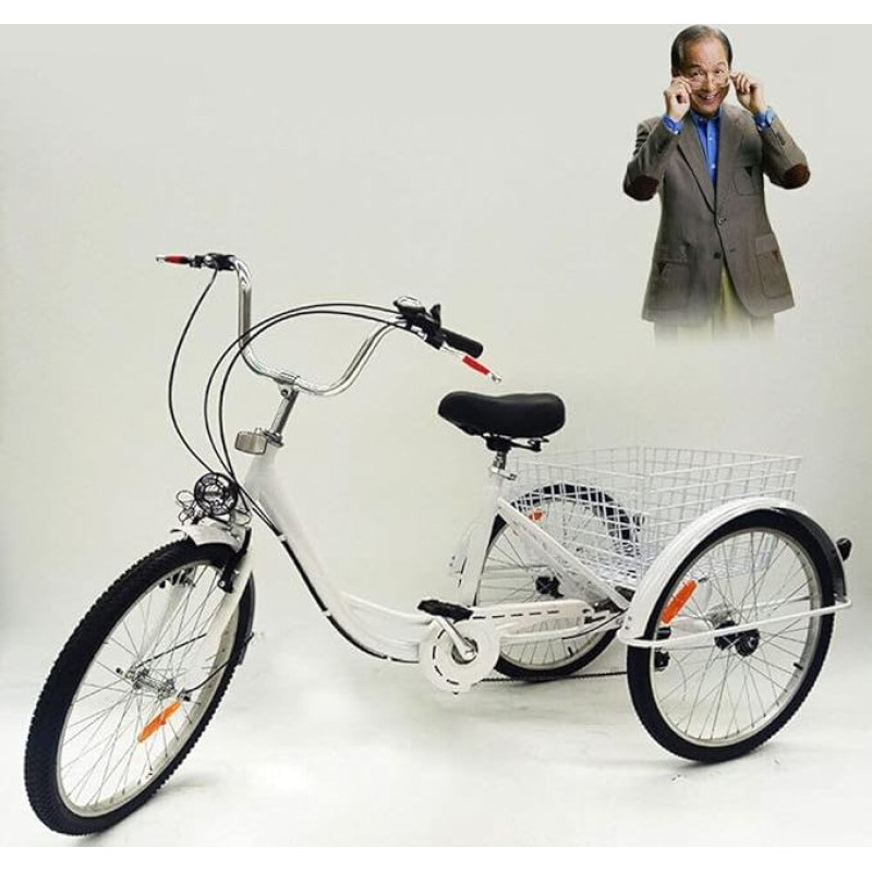 24 Inch 3 Wheel Adult 6 Speed Bicycle Tricycle with Light and Shopping Basket, Suitable for Female Male Older for Leisure and Shopping