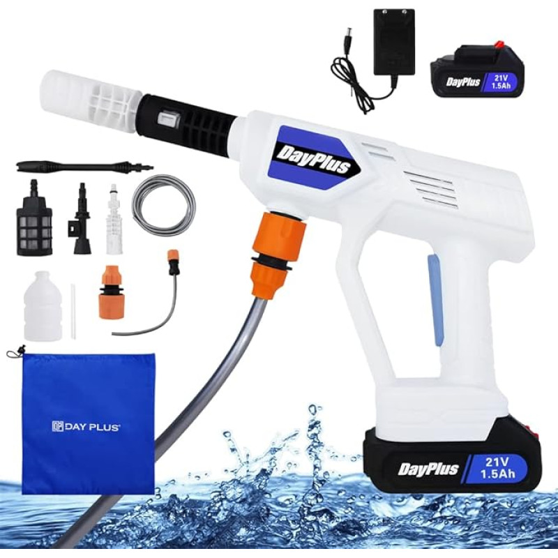 Battery Pressure Washer Portable Pressure Washer Gun 12 Bar Mini Pressure Washer Kit with 1.5 Ah Battery, 4-in-1 Adjustable Nozzle, 5 m Hose for Car Washing, Floor Cleaning, Watering Flowers