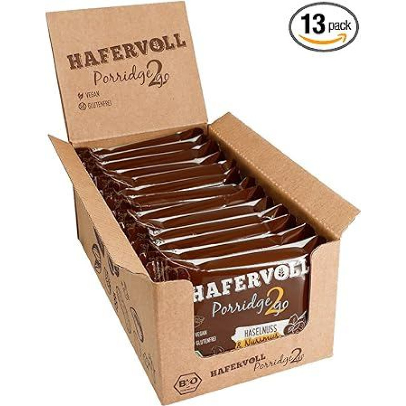 Hafervoll Porridge2go Hazelnut & Nut Smut, 13 x 55 g Bars - Vegan, Organic, Gluten Free, Snacking without Added Sugar, with Oats, Dates and Quinoa Pops