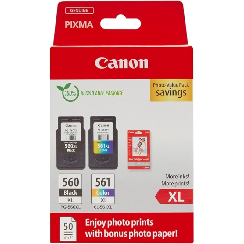 Canon Tinte & Papier Multipack - PG-560XL/CL-561XL Original Tintenpatronen 2er Pack (1 x Schwarz XL, 1 x Farbe XL) & 4x6 Fotopapier (50 x Blatt) - Kompatibel PIXMA Druckern