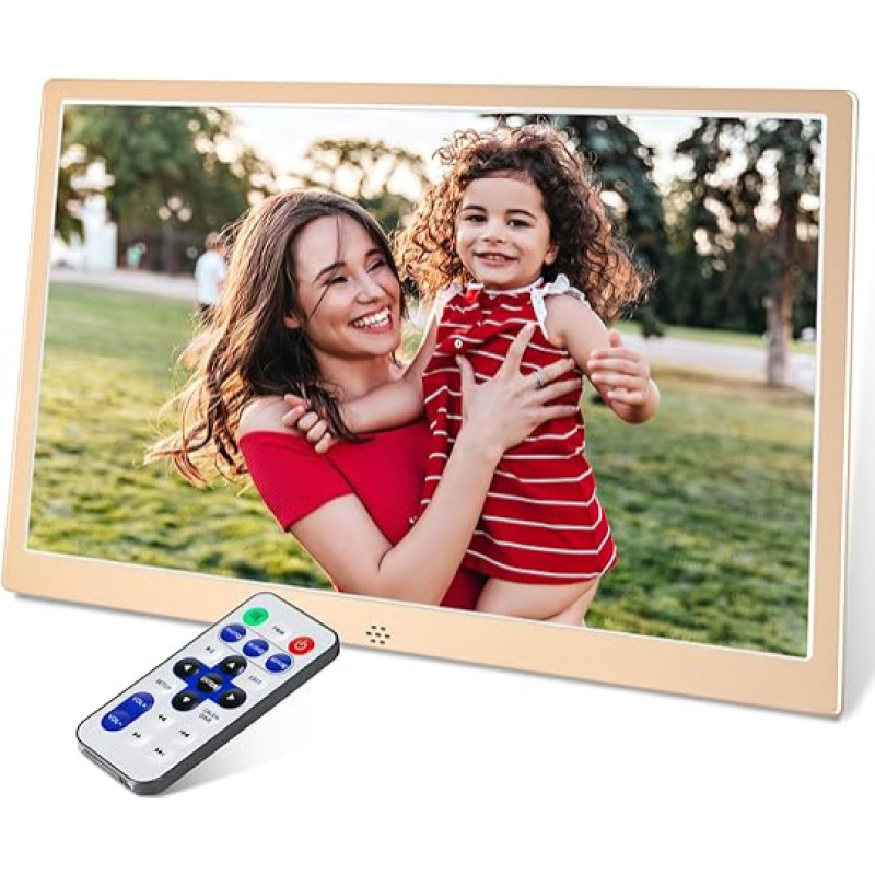 TSITSC 12 Inch Digital Photo Frame, 1280 x 800 IPS Screen, Electronic Picture Frame, Calendar/Clock Function/Music/Photo/Video Player with Remote Control, Supports USB/SD Card (Gold)