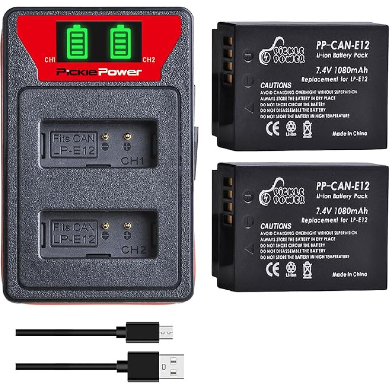 Pickle Power 2 Pack LP-E12 Battery and LED Dual Charger for Canon EOS M100, SX70 HS, Rebel SL1, EOS 100D, EOS M, EOS M2, EOS M10 EOS M50 m50 Mark ii Digital Camera